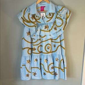 Monkee's Light Blue Queen of Sparkles Dress with Gold Embellishments Sz L